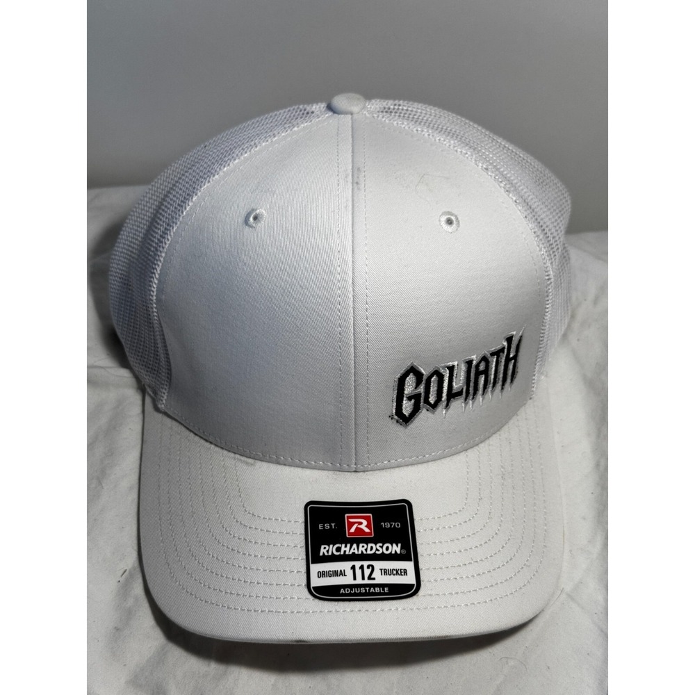 Goliath‎ Logo Richardson Style 112 White Hat Cap Mesh Back Snap Back Adjustable